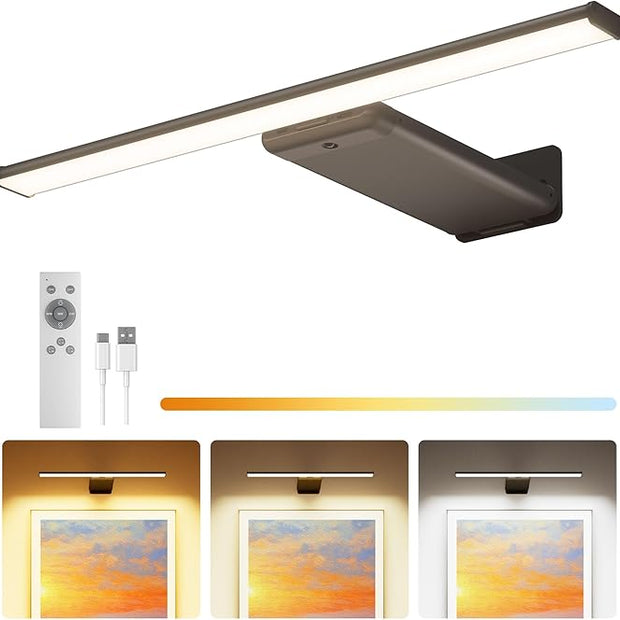 Picture Light for Wall Rechargeable Art Light with Remote, 3 Colors & 5 Brightness Levels, 12000mAh Battery Operated Lights for Pictures, Gallery, Bedroom, Hallway, Frame, Living Room (Black,1 Pack)