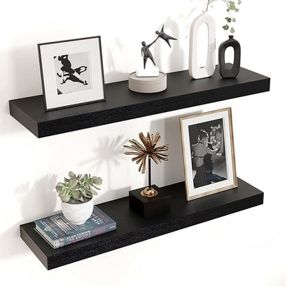 Floating Shelves for Wall 24"W x 6.7"D x 1.37"H, Engineered Wood Wall Shelves with Invisible Brackets for Living Room Bedroom Bathroom Office Kitchen Decor and Storage, Black Finish, Set of 2