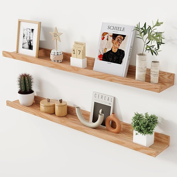 Axeman Oak Picture Ledge Shelf, 36 Inch Floating Shelves Set of 2, Solid Oak Wood Wall Shelves with Lip, Wall Decor Storage for Bedroom Living Room Bathroom Kitchen Nursery Photo Picture, Natural Oak