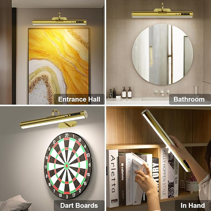 Motion Sensor Wireless Rechargeable Picture Light, Battery Operated Magnetic Art Wall Sconce with Remote Control, LED Picture Frame Lamp for Portrait Poster Painting Mirror Gallery (Antique Brass)