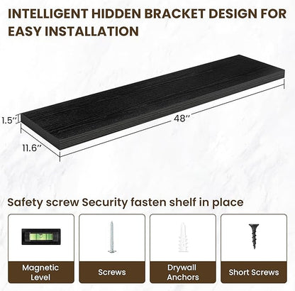 48 Inch Floating Shelves, 12 Inch Deep Floating Shelves for Wall, Floating Shelf with Invisible Brackets, Deep Shelves for Bathroom, Bedroom, Living Room, 1 Pack, Black