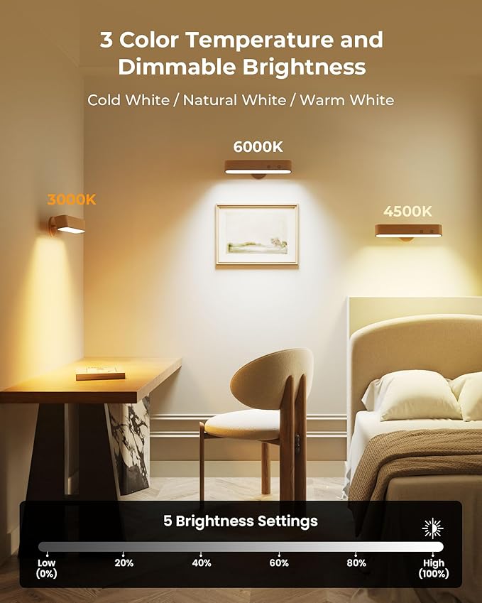 Rechargeable Walnut Wood Wall Sconces Set of Two LED Wall Lights for Bedroom,Touch and Remote Control,360° Rotate Magnetic Wall Light,3 Colors Dimmable Brightness Wall Lamps with 15 RGB Colors, 2 Pack
