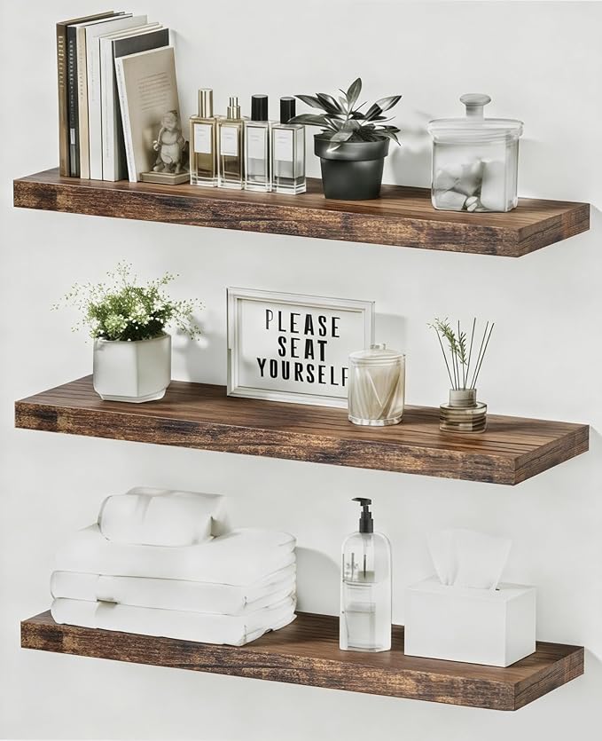 Assembly Easy Floating Shelves Set of 3,24 Inch Wall Mounted Wooden Shelf, Rustic Hanging Shelves for Home Decor, Books and Storage, Organizer for Bedroom,Small Bathroom,Kitchen,Vintage Brown