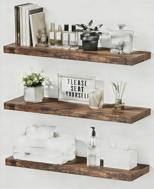 Assembly Easy Floating Shelves Set of 3,24 Inch Wall Mounted Wooden Shelf, Rustic Hanging Shelves for Home Decor, Books and Storage, Organizer for Bedroom,Small Bathroom,Kitchen,Vintage Brown