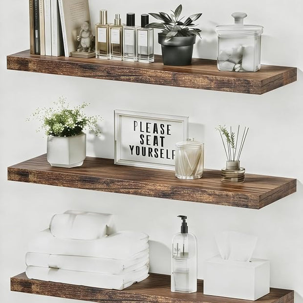 Assembly Easy Floating Shelves Set of 3,24 Inch Wall Mounted Wooden Shelf, Rustic Hanging Shelves for Home Decor, Books and Storage, Organizer for Bedroom,Small Bathroom,Kitchen,Vintage Brown