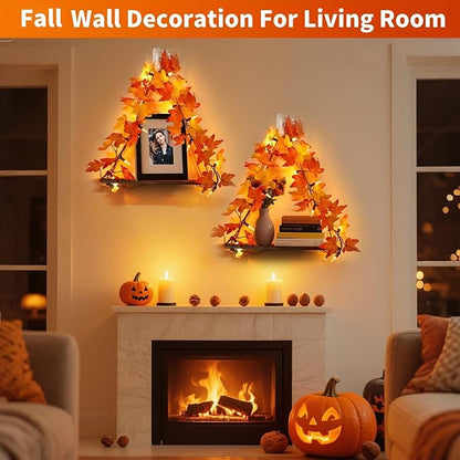 Fall Wall Decor Macrame Wall Hanging Shelf with Fall Lighted Garland,2 Pack Fall Leaves Garland Lights Boho Floating Shelves for Bedroom Living Room Boho Wall Décor, Fall Decorations for Home