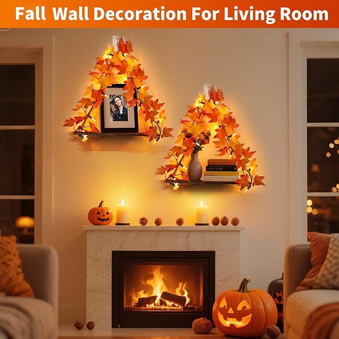 Fall Wall Decor Macrame Wall Hanging Shelf with Fall Lighted Garland,2 Pack Fall Leaves Garland Lights Boho Floating Shelves for Bedroom Living Room Boho Wall Décor, Fall Decorations for Home