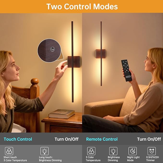 Battery Operated Wall Sconce Set of 2, 10400mAh Rechargeable Wall Sconces, 3000K-6000K Dimmable, 350°Rotate, Indoor Wall Lights for Bedroom Living Room Bathroom, Black Walnut, 31.5 Inch