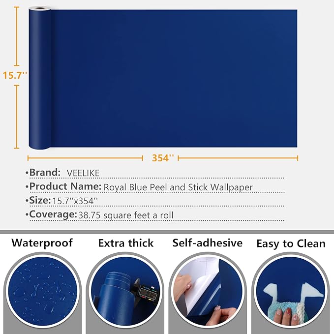 VEELIKE Royal Blue Wallpaper Peel and Stick for Bedroom Bathroom Boys Room 15.7''x354'' Thick Blue Contact Paper Waterproof Self Adhesive Removable Vinyl Wallpaper for Walls Cabinets Countertops Desk