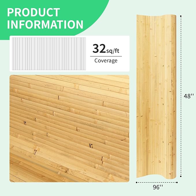 Natural Bamboo Wall Panel for Interior Wall Decor, Renewable Pole Wrap Wainscoting Paneling for Wall Ceiling Furniture Cabinet Office, 48 x 96 Inch, Natural
