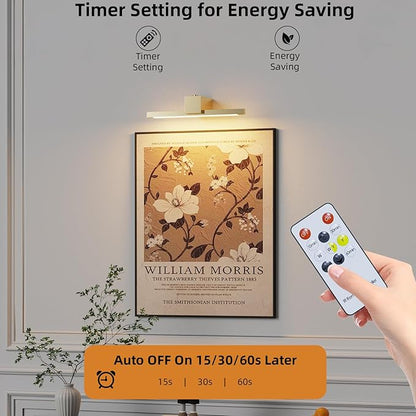 Picture Lights for Wall,Battery Operated Art Light,12in Gallery Light for Paintings,3CCT Dimmable,Metal Finish Recharging Battery Wall Light with Remote Control for Pictures Display(Gold)