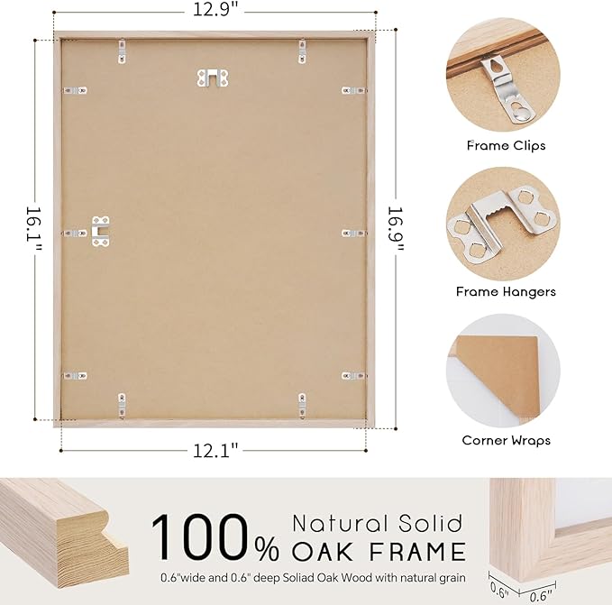 puthiac 12x16 Solid Oak Wood Picture Frame, Fits 8x12 with Mat or 12x16 Without Mat, Wall Display Only, Vertical or Horizontal, Plexi Front, 1 Pack, Natural Oak