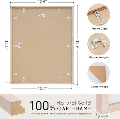 puthiac 12x16 Solid Oak Wood Picture Frame, Fits 8x12 with Mat or 12x16 Without Mat, Wall Display Only, Vertical or Horizontal, Plexi Front, 3 Pack, Natural Oak