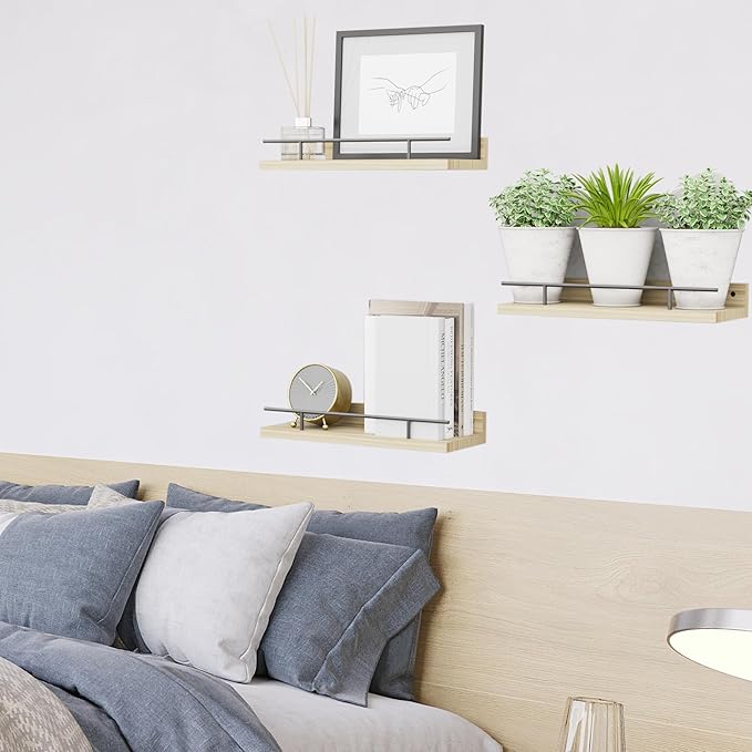 Floating Shelves with Metal Guardrail, Wall Decor Shelves for Bathroom, Living Room and Bedroom, (Black-Natural) Shelves for Home Decor