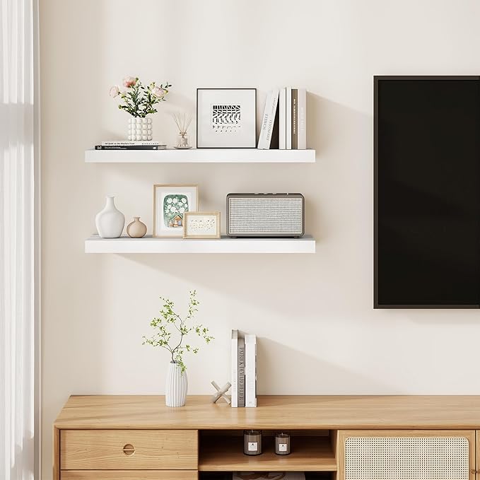 Fun Memories Rustic Floating Shelves for Home Decor, 8 Inch Deep Floating Shelf, Solid Wood Floating Wall Shelves 30 Inch Long, Deep Wall Shelves for Bathroom, Living Room, White Finsh, Set of 2