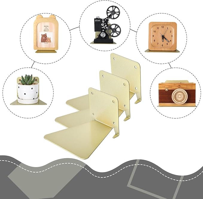 Jetec 6 Pack Invisible Floating Bookshelf Wall Mounted Floating Bookshelves Heavy Duty Book Organizers Hidden Book Shelf Metal Shelves Holder for Books Bedroom Living Room Home Office (Gold)