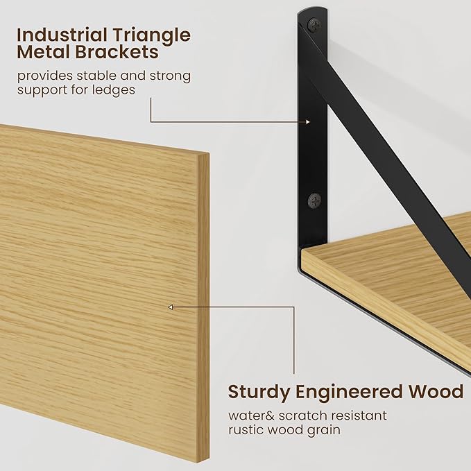 Fun Memories Floating Shelves for Wall, 12 Inch Deep Floating Shelves Set of 2, 55W x 12D Large Wall Shelf with Sturdy Metal Brackets for Living Room, Bathroom, Bedroom and Kitchen, Oak