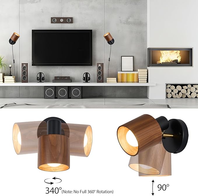 Modern Black Plug in Wall Lamp, Real Dark Wood Wall Sconces Lighting, for Living Room, Bedroom, Guest Room, E26 Base