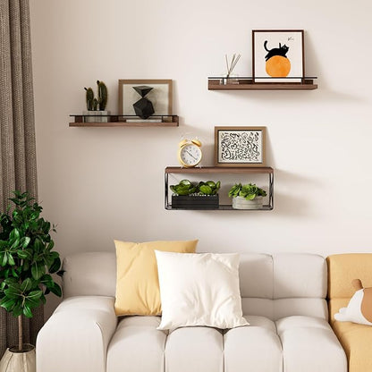 Floating Shelves for Wall, Floating Shelf for Wall Décor Set of 3, Bathroom Floating Shelves with Metal Toilet Paper Holder for Bathroom, Bedroom, Living Room, Kitchen, Office (Brown)