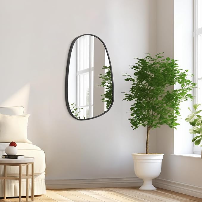 Black Irregular Bathroom Mirror for Wall, Aluminum Alloy Frame Asymmetrical Mirrors Brushed Metal Vanity Wall Mounted Mirror for LivingRoom Bedroom Room Home Decor Large 26"x14"