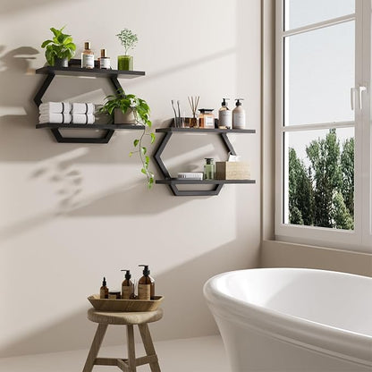 Floating Shelf- Floating Shelf for Wall Set of 2, 2 Tier Foating Shelves for Wall for Bathroom, Bedroom, Toilet, Kitchen, Living Room, Office, Black