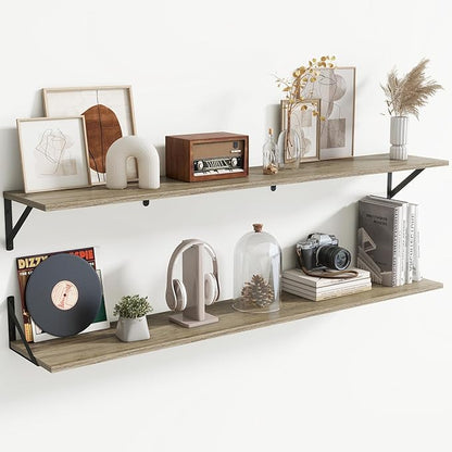 55" Long Wall Mounted Floating Shelves,8 inch Deep Floating Shelf with Metal Brackets Set of 2,Easy-to-Install Wall Decor Storage Ledges for Living Room,Bathroom,Bedroom,Kitchen,Office,Grey