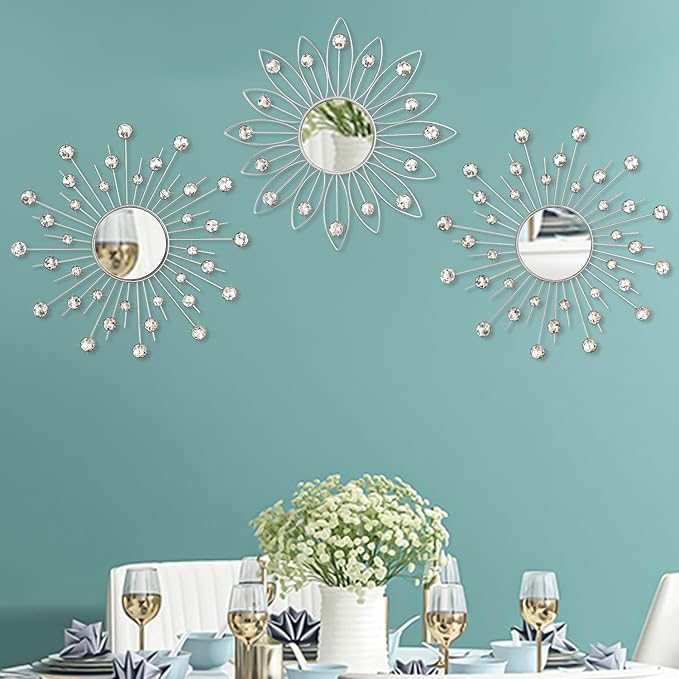 Uaussi 3 Pack Crystal Sunburst Wall Mirror Décor Rhinestone Mirrors Decorative Home Wall Art for Living Room Bedroom Entryway(Flower+Sunburst Silver)