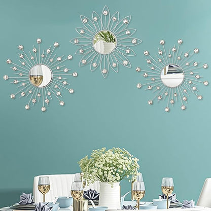 Uaussi 3 Pack Crystal Sunburst Wall Mirror Décor Rhinestone Mirrors Decorative Home Wall Art for Living Room Bedroom Entryway(Flower+Sunburst Silver)