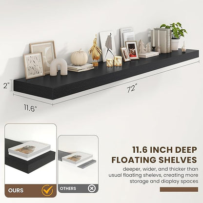 72 Inch Floating Shelves | 12 Inch Deep Black Floating Shelves Set of 2 | 72" W x 12" D Rustic Black Wood Wall Shelves for Bathroom Living Room Kitchen Laundry Room