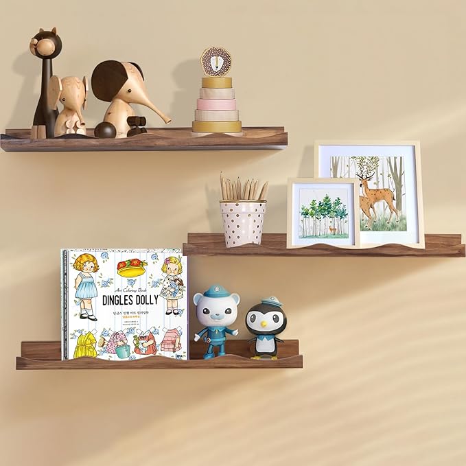 AZSKY Floating Bookshelf for Kids, Floating Shelves for Wall Cloud Picture Ledge Shelf Walnut 23.6 Inches Nursery Book Shelves Set 3, Baby Book Shelf for Toddler Room, Baby Room, Nursery Decor