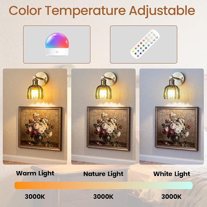 Wall Sconces Set of Two, Battery Operated Wall Light with Remote, Wireless Rechargeable Wall Sconce, 12 Colors & Dimmable, Scalloped Green Glass Shade, Vintage Brass Wall Lamp for Bedroom, Living Room