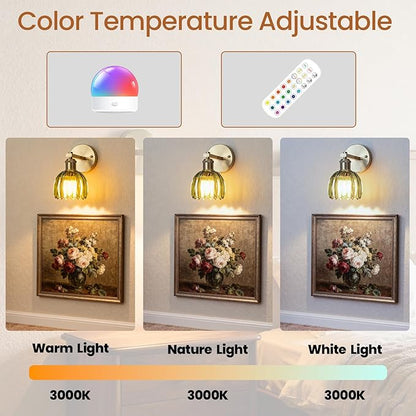 Wall Sconces Set of Two, Battery Operated Wall Light with Remote, Wireless Rechargeable Wall Sconce, 12 Colors & Dimmable, Scalloped Green Glass Shade, Vintage Brass Wall Lamp for Bedroom, Living Room