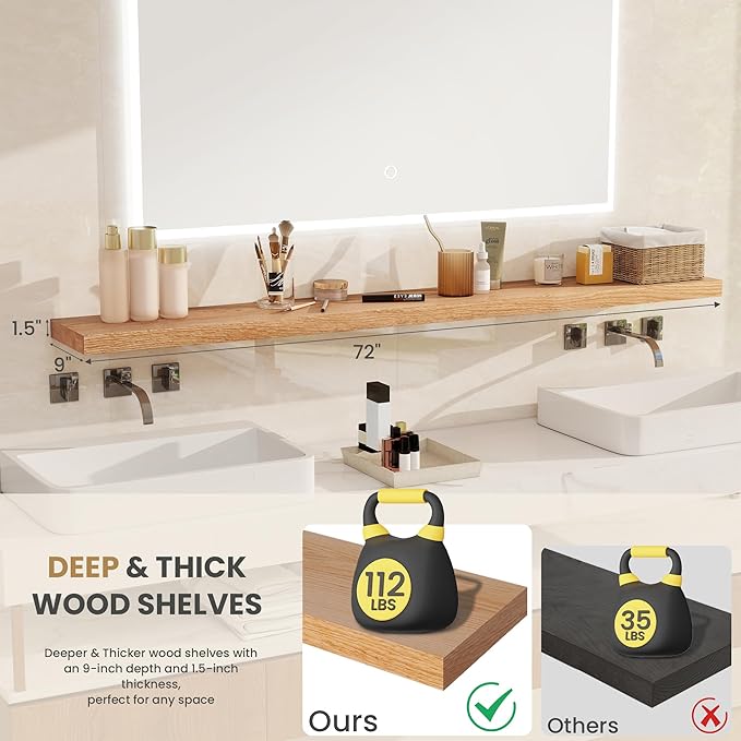 RICHFOCUS Floating Shelves for Wall 72 Inch Solid USA-Sourced Oak Wooden Shelves for Bathroom Kitchen 9