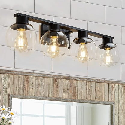 PAZALA 4-Lights Bathroom Vanity Light, Modern Bathroom Lighting Fixtures with Globe Glass Shade, 30in Matte Black Wall Sconce for Bath Over Mirror Kitchen Cabinet Bedroom Hallway Farmhouse, E26 Base