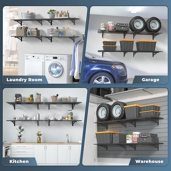 4 Pack Heavy Duty Garage Wall Shelving Set (1.5x4ft), Wall Mounted Garage Shelves 1400lbs Capacity, 18