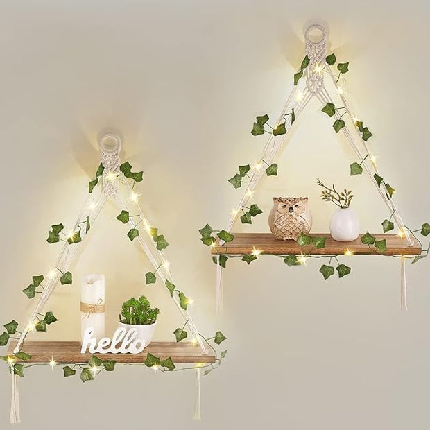 Mkono Artificial Ivy Macrame Hanging Shelves with Lights Set of 2 Boho Wall Decor Display Plants Photos Wood Floating Storage Shelf for Bedroom Bathroom Living Room Nursery Dorm Kitchen, White