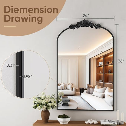 Vintage Wall Mirror, 24"x36" Arched Mirror for Vanity, Antique Decorative Mirrors with Carved Metal Frame for Bedroom, Living Room, Entryway, Fireplace, Hallway, Black