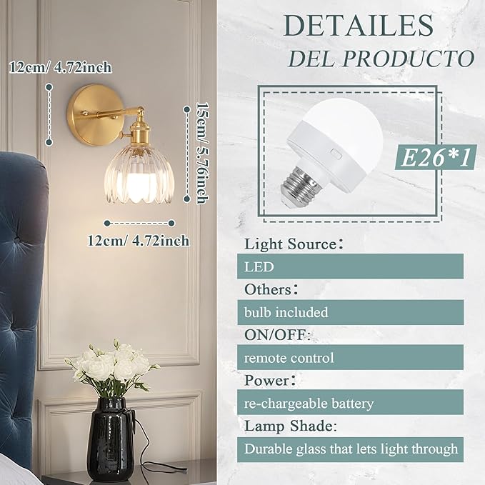 Battery Operated Wall Sconce, Vintage Wall Sconce with Transparent Tulip Glass Lampshade Rechargeable Battery Powered Wall Light with Remote Control for Bedroom,Living Room, Hallway, Aisle