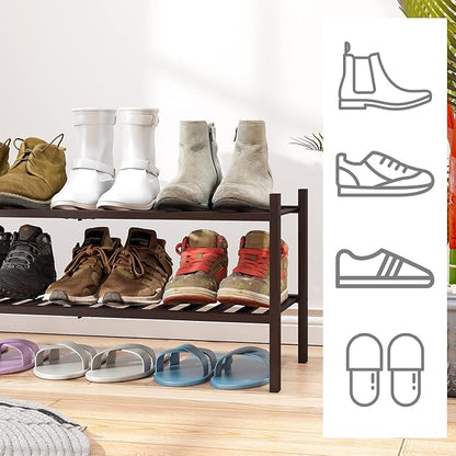 2-Tier Shoe Rack for Entryway, Bamboo Shoe Rack for Closet, Free Standing Shoe Racks for Indoor Outdoor, Stackable Shoe Shelf Storage Organizer for Hallway Closet