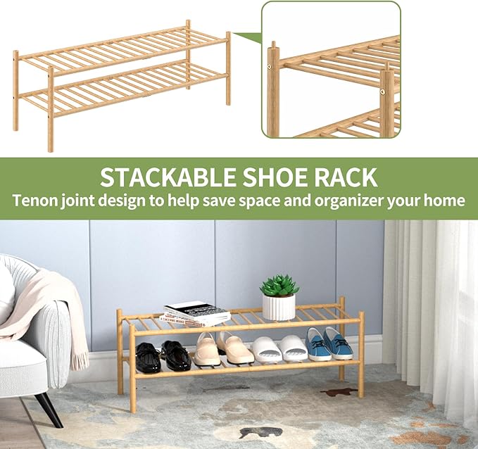 2-Tier Bamboo Long Shoe Rack, Free Standing Wood Shoe Shelf Storage Organizer for Closet Entryway Stackable 35