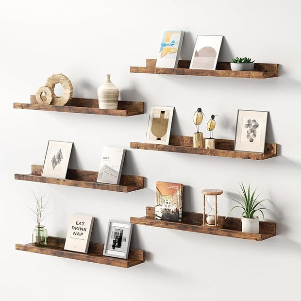 Merapi 6-Pack Floating Shelves for Wall, 24 Inch Long Modern Wood Shelves for Living Room, Bedroom, Bathroom & Kitchen Decor, Easy Installation Wall Mounted Storage Display Shelves