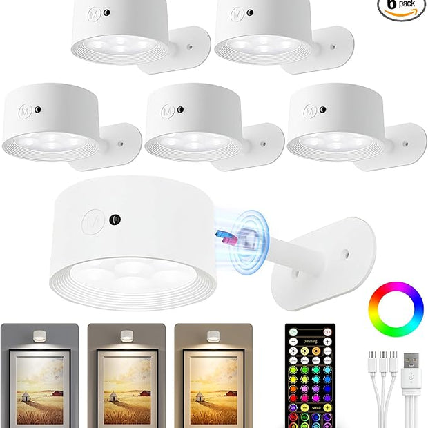 Picture Lights for Wall, 2000mAh Rechargeable Magnetic Art Lights with 3 Color Temps & RGB, Remote Dimmable Battery Operated Wall Light for Bedroom, Living Room, Gallery (White, 6 Pack)