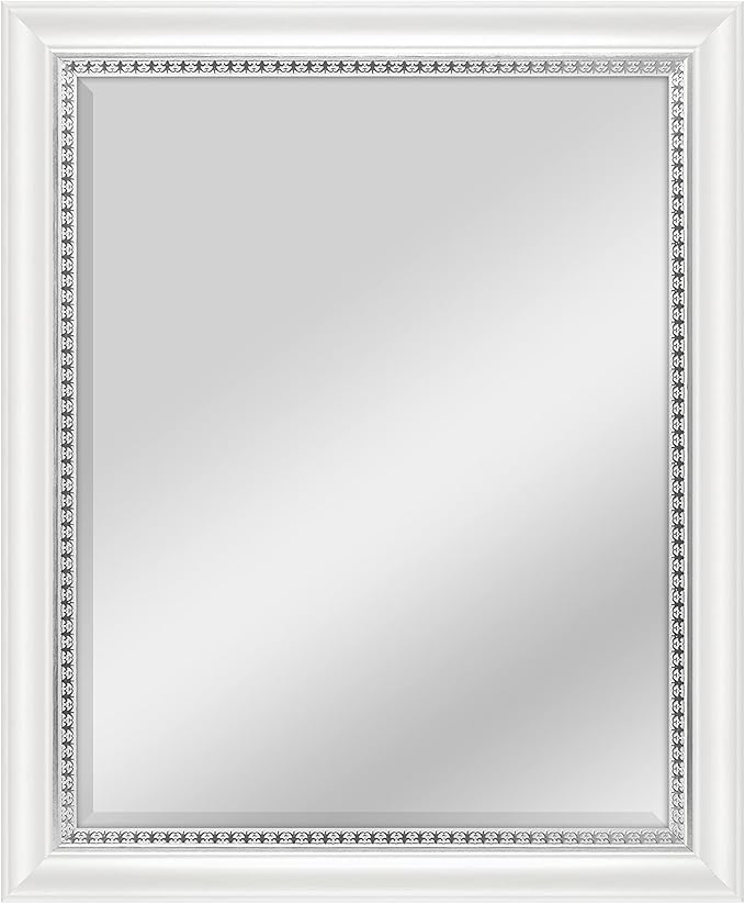 MCS 22x28 Large Wall Mirror, White Woodgrained Frame with Silver Embossed Detail & Beveled Detail Mirror, Vertical & Horizontal Wall Hanging Mirror for Bathroom, Bedroom & Livingroom