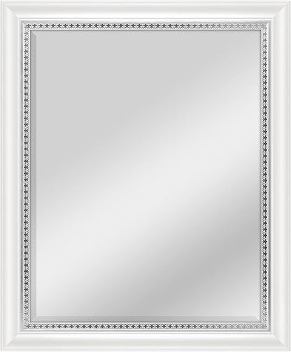 MCS 22x28 Large Wall Mirror, White Woodgrained Frame with Silver Embossed Detail & Beveled Detail Mirror, Vertical & Horizontal Wall Hanging Mirror for Bathroom, Bedroom & Livingroom