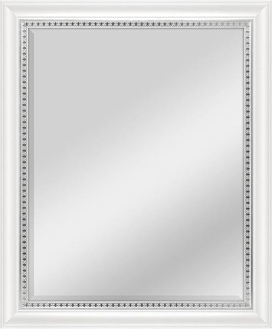 MCS 22x28 Large Wall Mirror, White Woodgrained Frame with Silver Embossed Detail & Beveled Detail Mirror, Vertical & Horizontal Wall Hanging Mirror for Bathroom, Bedroom & Livingroom
