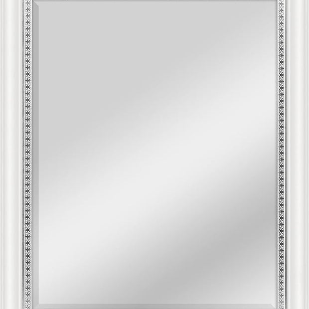 MCS 22x28 Large Wall Mirror, White Woodgrained Frame with Silver Embossed Detail & Beveled Detail Mirror, Vertical & Horizontal Wall Hanging Mirror for Bathroom, Bedroom & Livingroom