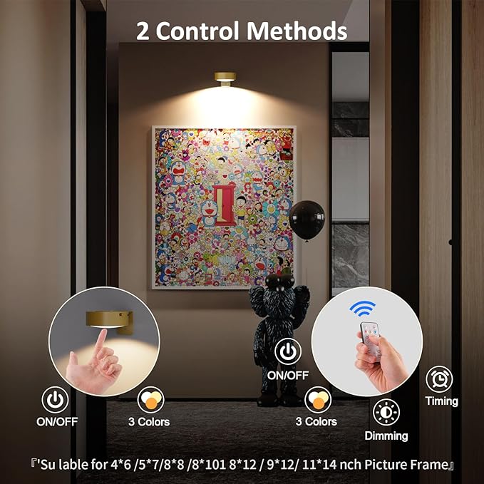 3-Pack Picture Lights for Wall, Rechargeable Battery Magnetic Poster Lights with Remote Dimmable 3-Color Temps & Timer, LED Art Display Lighting for Paintings, Frames & Wall Art Decor (Gold)