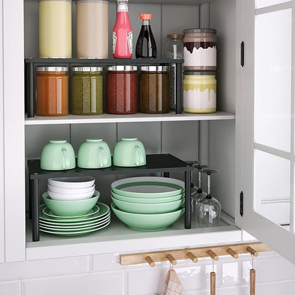 Cabinet Organizer Shelf(Set of 2),Kitchen Counter Shelves,Bamboo Spice Rack Countertop and Cabinet,Stackable Expandable,Medium(Black)
