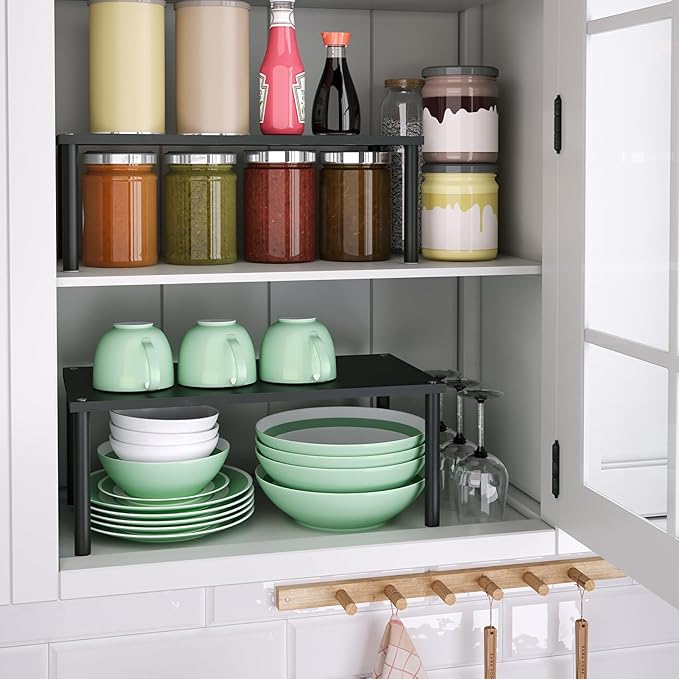 Cabinet Organizer Shelf(Set of 2),Kitchen Counter Shelves,Bamboo Spice Rack Countertop and Cabinet,Stackable Expandable,Medium(Black)