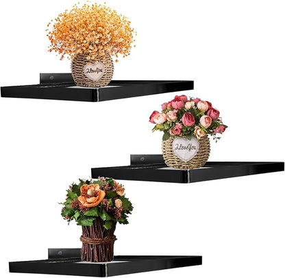 Cityelf Floating Shelves Wall Mounted Wall Decor Iron Glass Hanging Shelf Home Decor Set of 3 Display Ledge Shelves for Living Room Bedroom Black Square